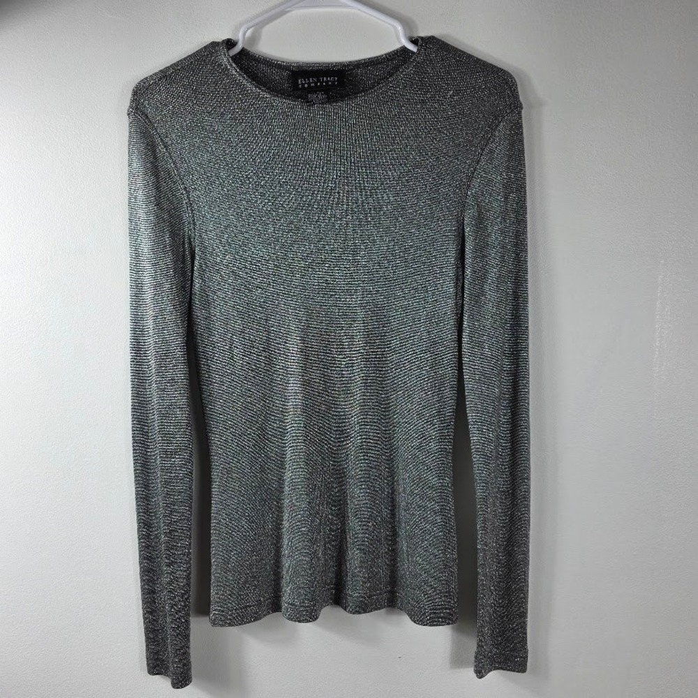 Ellen Tracy Metallic Ribbed Long Sleeve Top Party Festive Size M Sparkle Knit